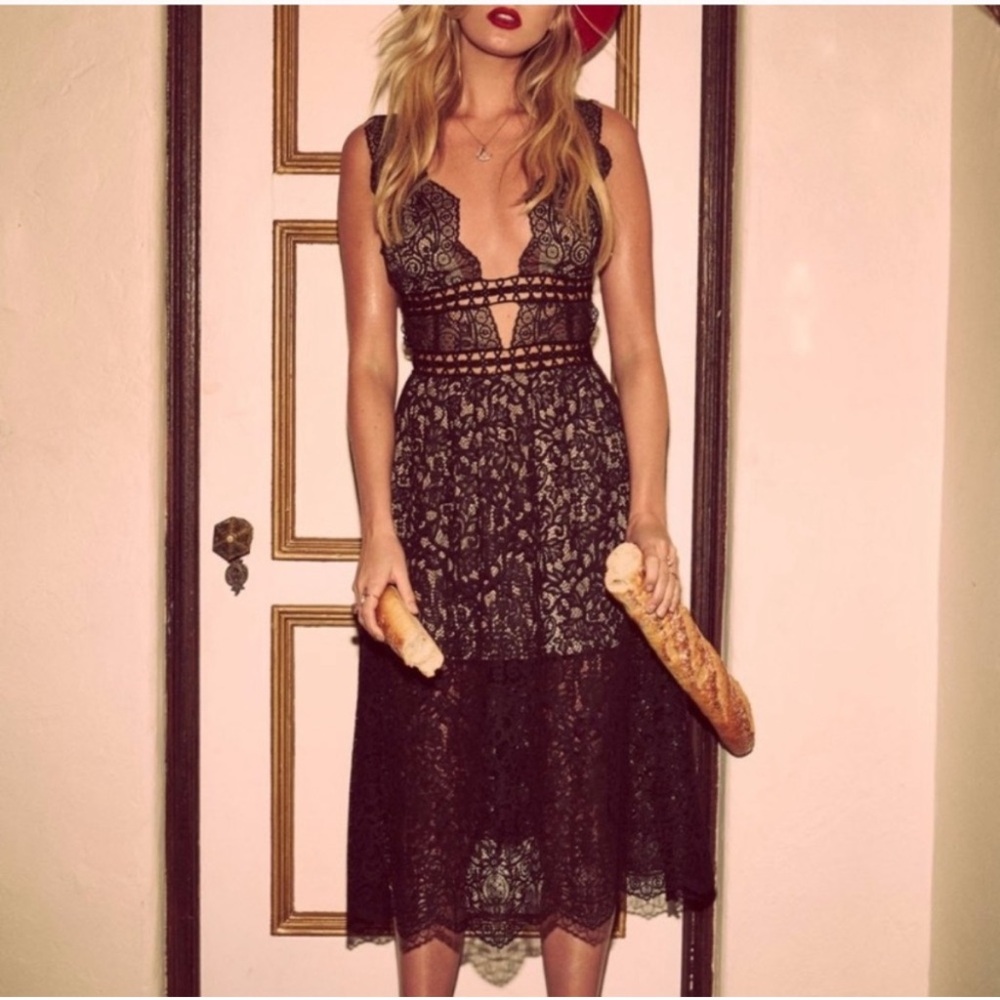 For Love and Lemons Mon Cheri Black Lace Midi Dress